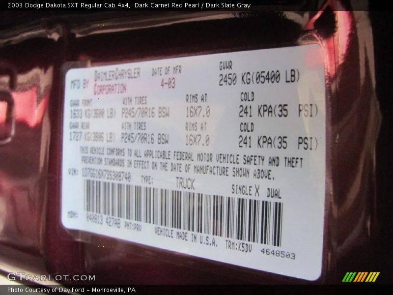 Dark Garnet Red Pearl / Dark Slate Gray 2003 Dodge Dakota SXT Regular Cab 4x4