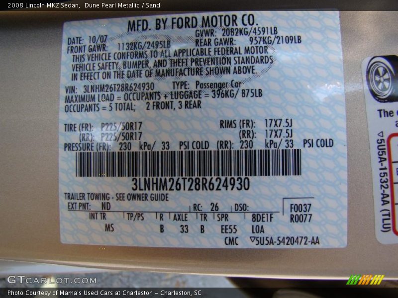 Dune Pearl Metallic / Sand 2008 Lincoln MKZ Sedan