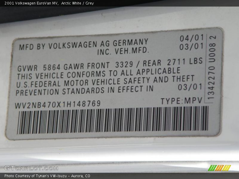 Arctic White / Grey 2001 Volkswagen EuroVan MV