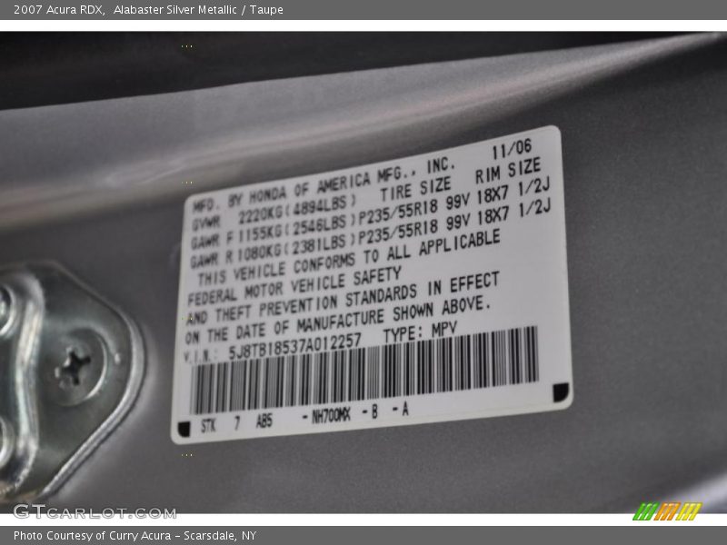 Alabaster Silver Metallic / Taupe 2007 Acura RDX