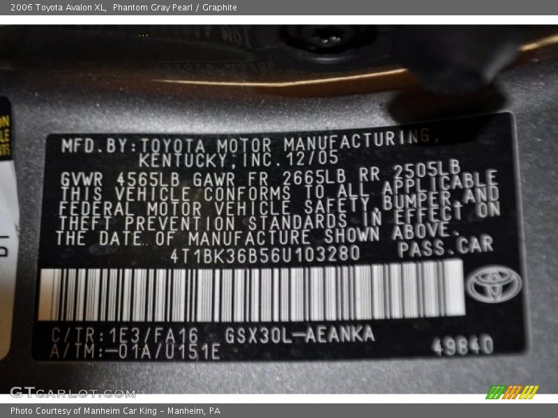 Phantom Gray Pearl / Graphite 2006 Toyota Avalon XL