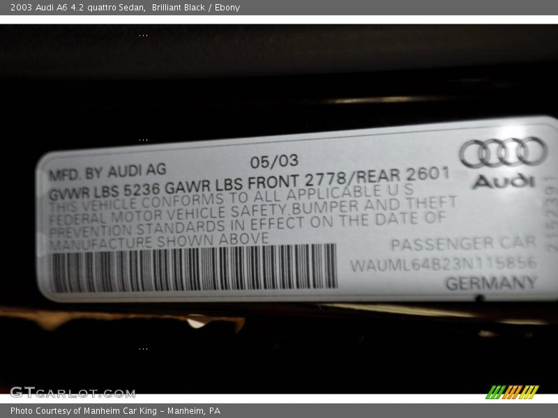 Brilliant Black / Ebony 2003 Audi A6 4.2 quattro Sedan