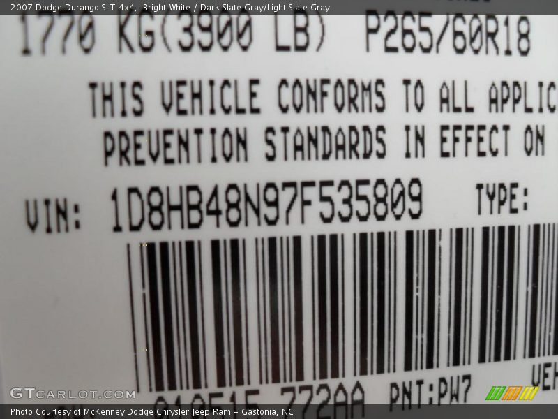Bright White / Dark Slate Gray/Light Slate Gray 2007 Dodge Durango SLT 4x4