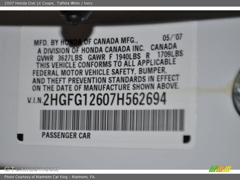 Taffeta White / Ivory 2007 Honda Civic LX Coupe