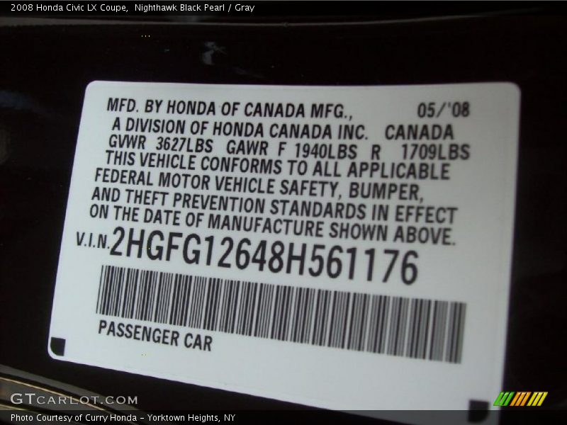 Nighthawk Black Pearl / Gray 2008 Honda Civic LX Coupe