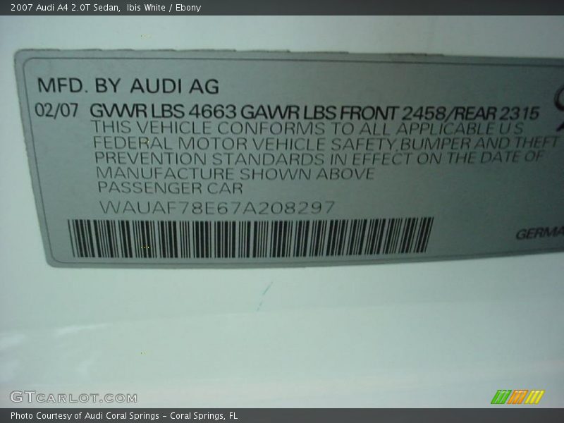 Ibis White / Ebony 2007 Audi A4 2.0T Sedan