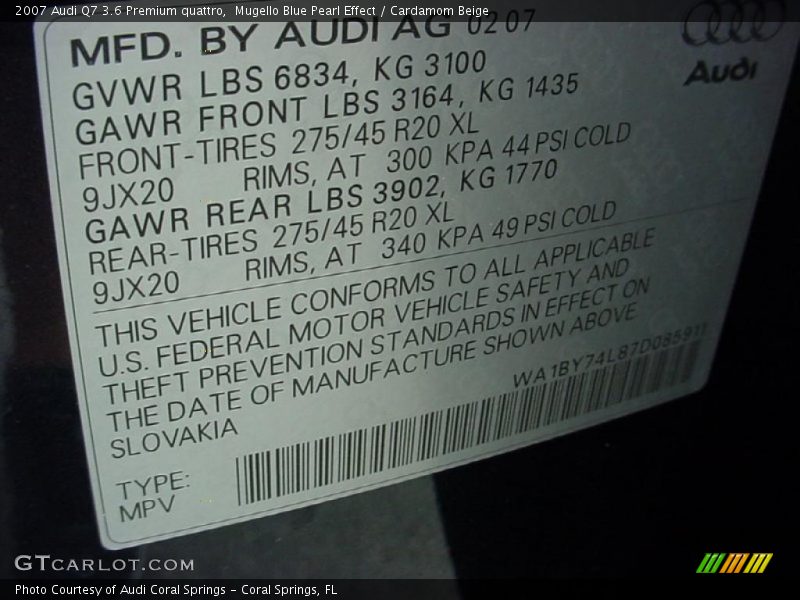 Mugello Blue Pearl Effect / Cardamom Beige 2007 Audi Q7 3.6 Premium quattro