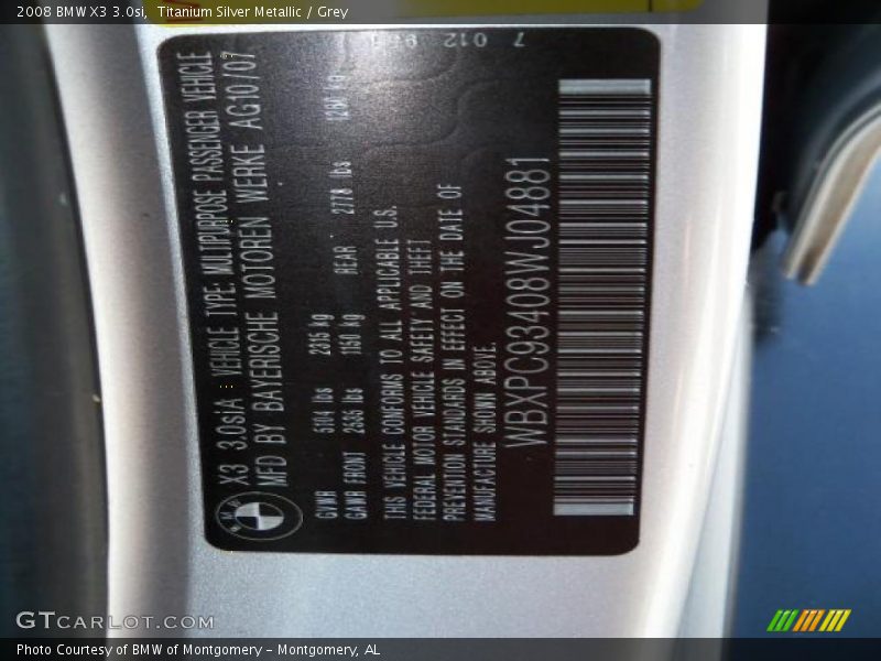 Titanium Silver Metallic / Grey 2008 BMW X3 3.0si