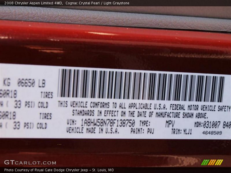 Cognac Crystal Pearl / Light Graystone 2008 Chrysler Aspen Limited 4WD