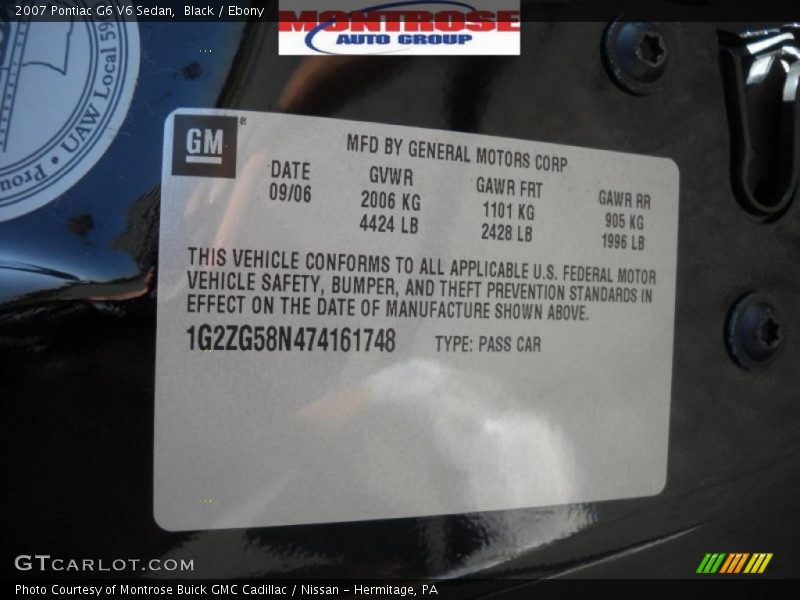 Black / Ebony 2007 Pontiac G6 V6 Sedan
