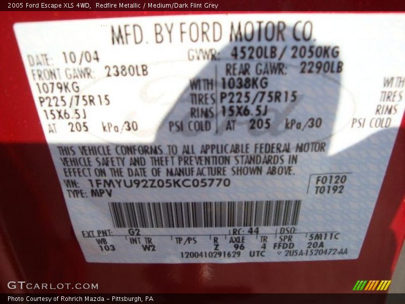 Redfire Metallic / Medium/Dark Flint Grey 2005 Ford Escape XLS 4WD