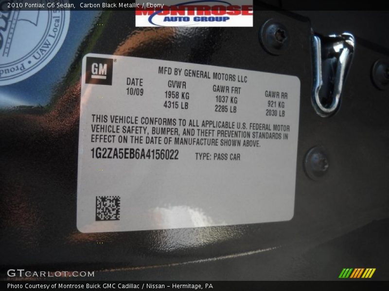 Carbon Black Metallic / Ebony 2010 Pontiac G6 Sedan