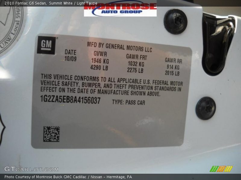 Summit White / Light Taupe 2010 Pontiac G6 Sedan
