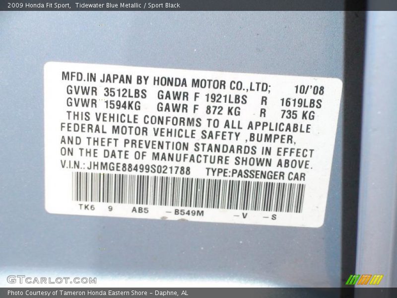 Tidewater Blue Metallic / Sport Black 2009 Honda Fit Sport