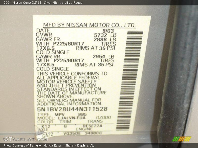 Silver Mist Metallic / Rouge 2004 Nissan Quest 3.5 SE