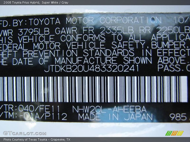 Super White / Gray 2008 Toyota Prius Hybrid
