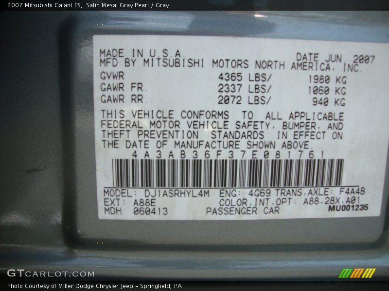 Satin Mesai Gray Pearl / Gray 2007 Mitsubishi Galant ES