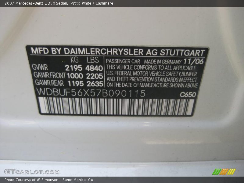 Arctic White / Cashmere 2007 Mercedes-Benz E 350 Sedan