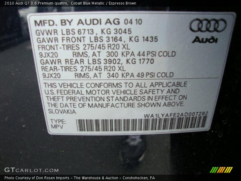 Cobalt Blue Metallic / Espresso Brown 2010 Audi Q7 3.6 Premium quattro