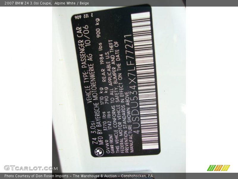 Alpine White / Beige 2007 BMW Z4 3.0si Coupe