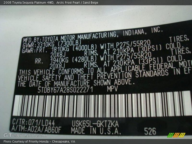Arctic Frost Pearl / Sand Beige 2008 Toyota Sequoia Platinum 4WD