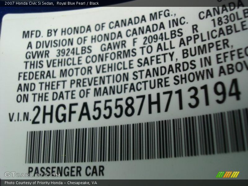 Royal Blue Pearl / Black 2007 Honda Civic Si Sedan