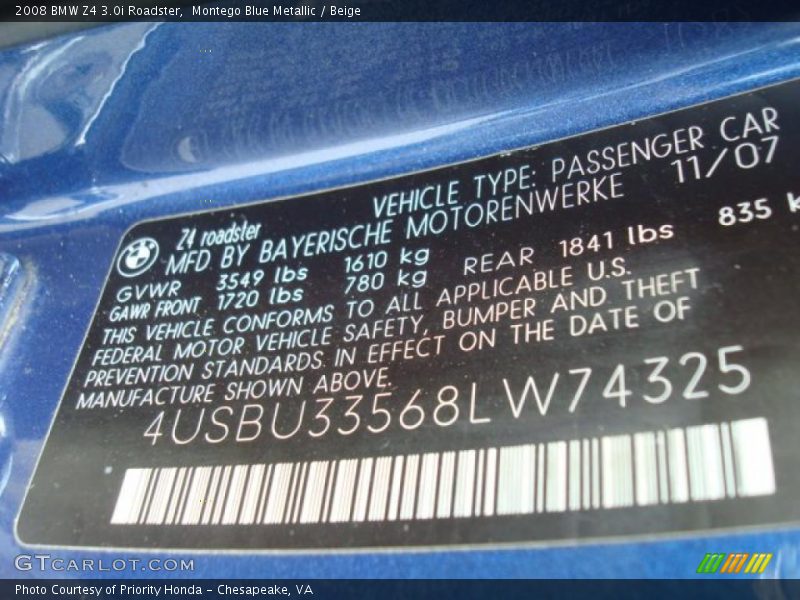 Montego Blue Metallic / Beige 2008 BMW Z4 3.0i Roadster