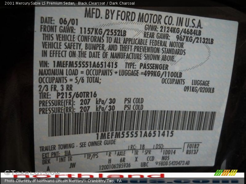 Black Clearcoat / Dark Charcoal 2001 Mercury Sable LS Premium Sedan