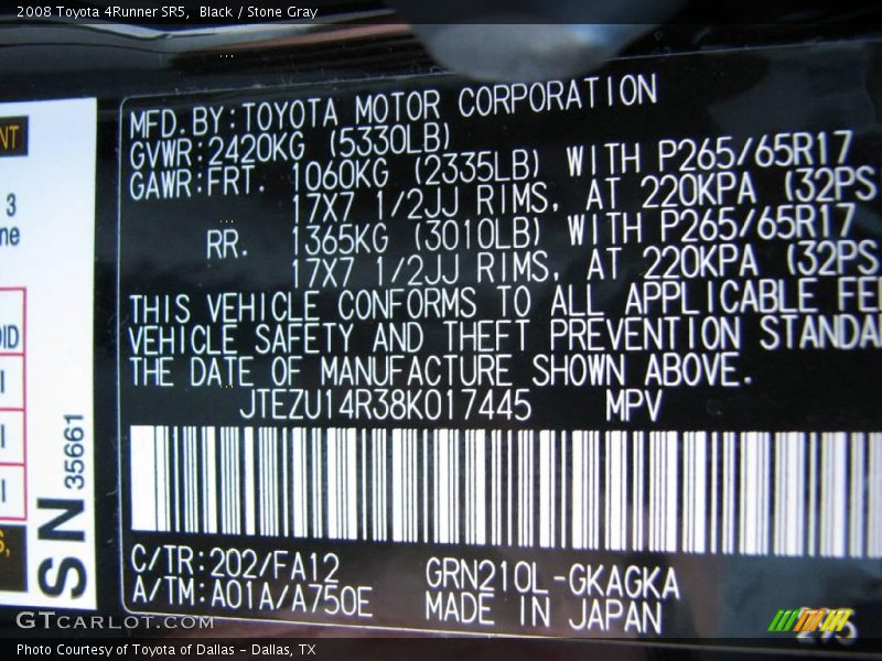 Black / Stone Gray 2008 Toyota 4Runner SR5