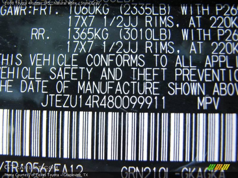 Natural White / Stone Gray 2008 Toyota 4Runner SR5