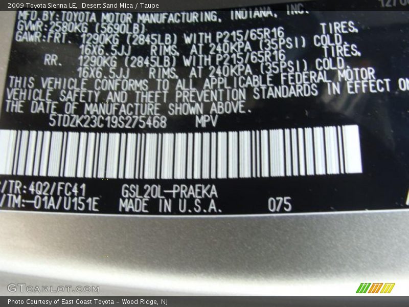 Desert Sand Mica / Taupe 2009 Toyota Sienna LE