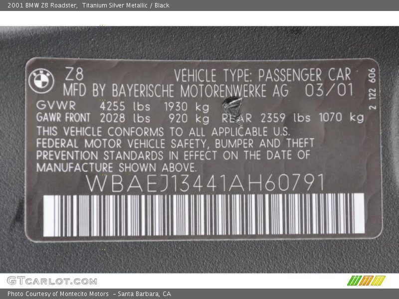 Titanium Silver Metallic / Black 2001 BMW Z8 Roadster