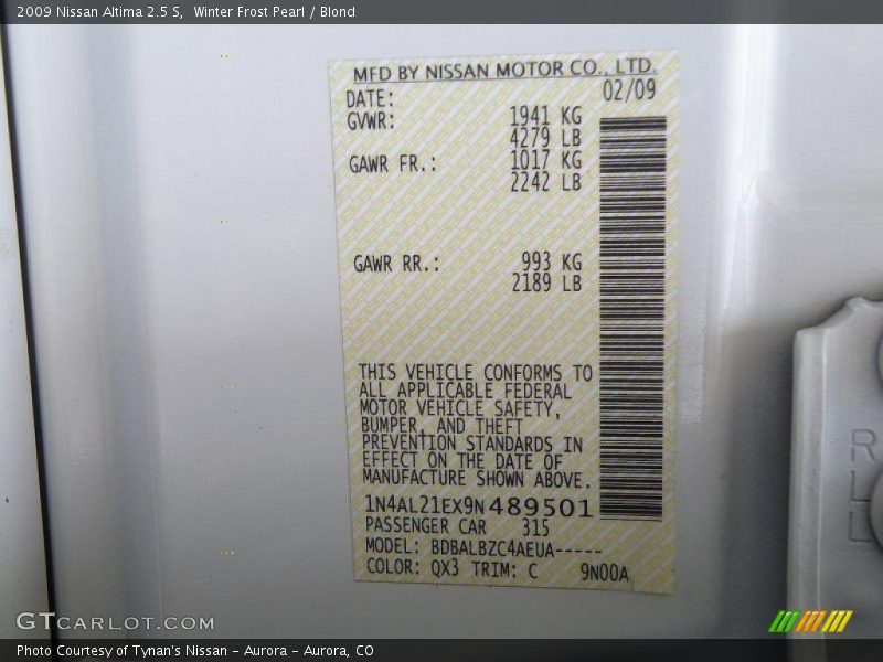 Winter Frost Pearl / Blond 2009 Nissan Altima 2.5 S