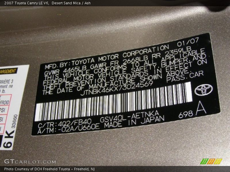 Desert Sand Mica / Ash 2007 Toyota Camry LE V6