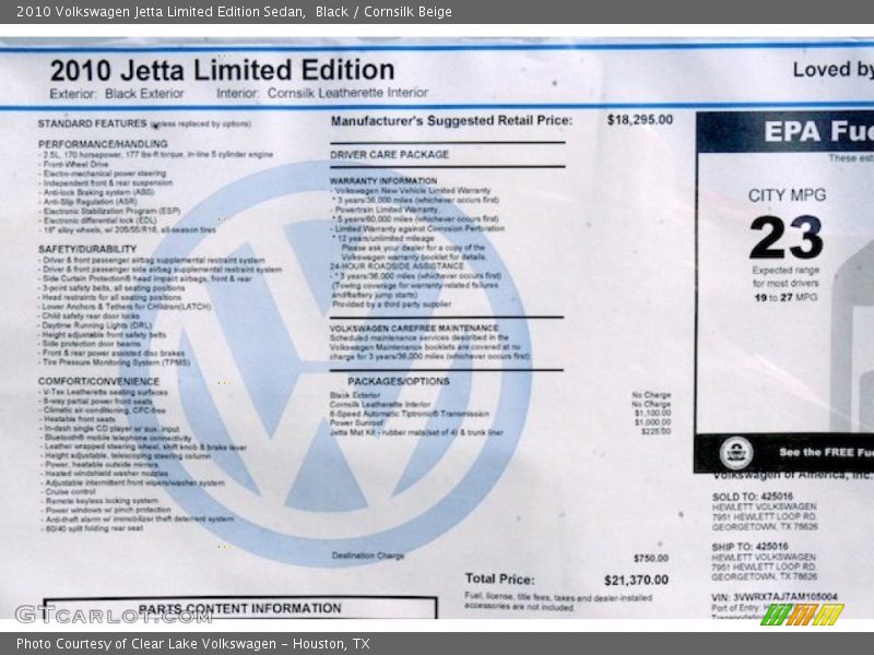 Black / Cornsilk Beige 2010 Volkswagen Jetta Limited Edition Sedan