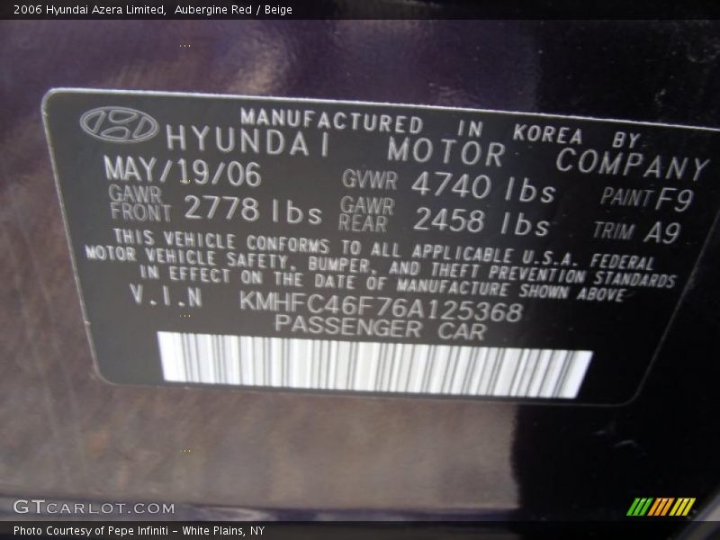 Aubergine Red / Beige 2006 Hyundai Azera Limited