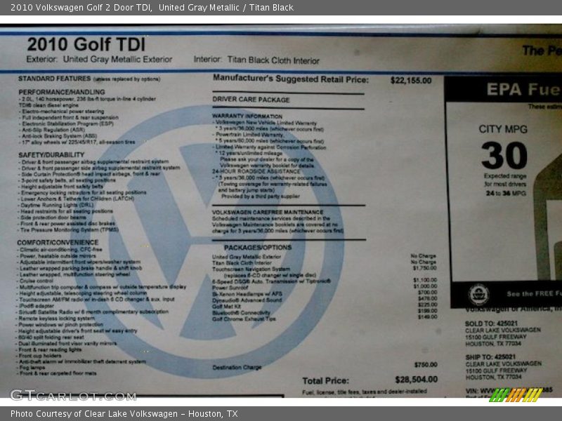 United Gray Metallic / Titan Black 2010 Volkswagen Golf 2 Door TDI