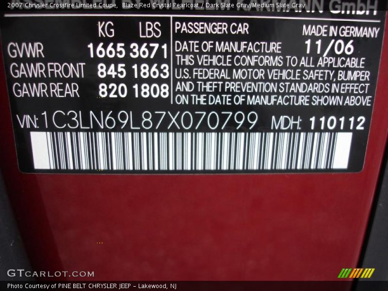 Info Tag of 2007 Crossfire Limited Coupe