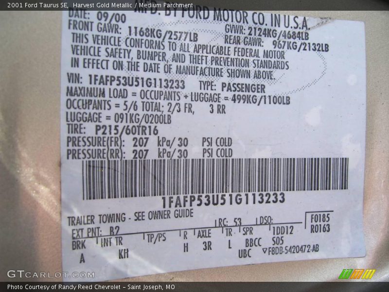 Harvest Gold Metallic / Medium Parchment 2001 Ford Taurus SE