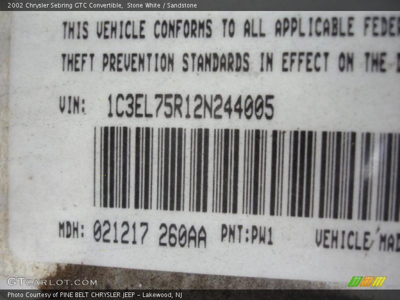 Stone White / Sandstone 2002 Chrysler Sebring GTC Convertible