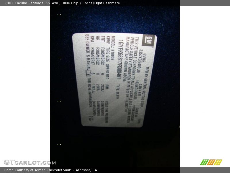 Blue Chip / Cocoa/Light Cashmere 2007 Cadillac Escalade ESV AWD