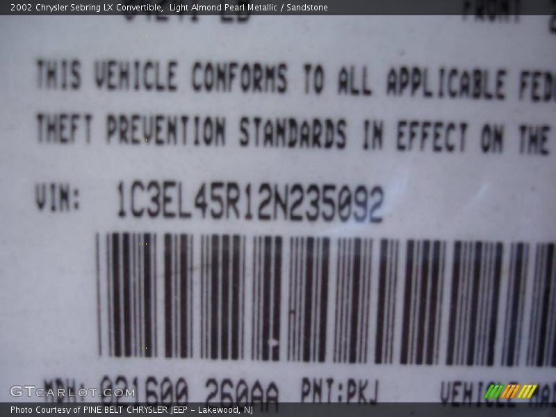 Light Almond Pearl Metallic / Sandstone 2002 Chrysler Sebring LX Convertible