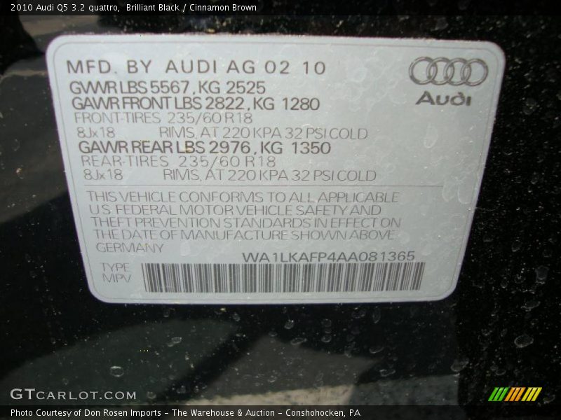 Brilliant Black / Cinnamon Brown 2010 Audi Q5 3.2 quattro