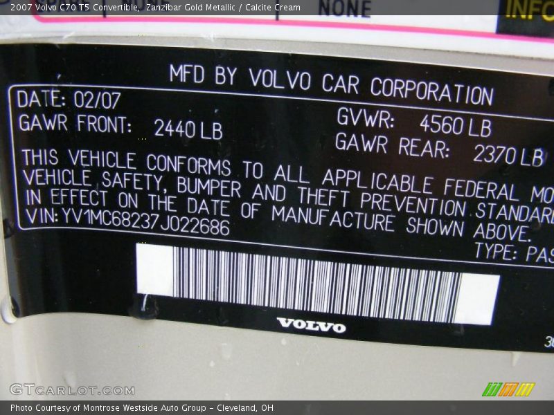 Zanzibar Gold Metallic / Calcite Cream 2007 Volvo C70 T5 Convertible