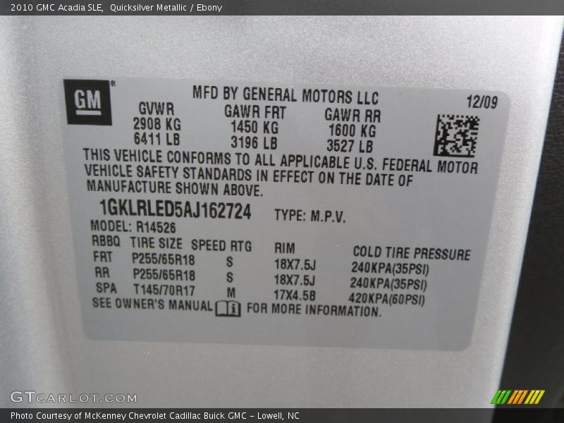 Quicksilver Metallic / Ebony 2010 GMC Acadia SLE