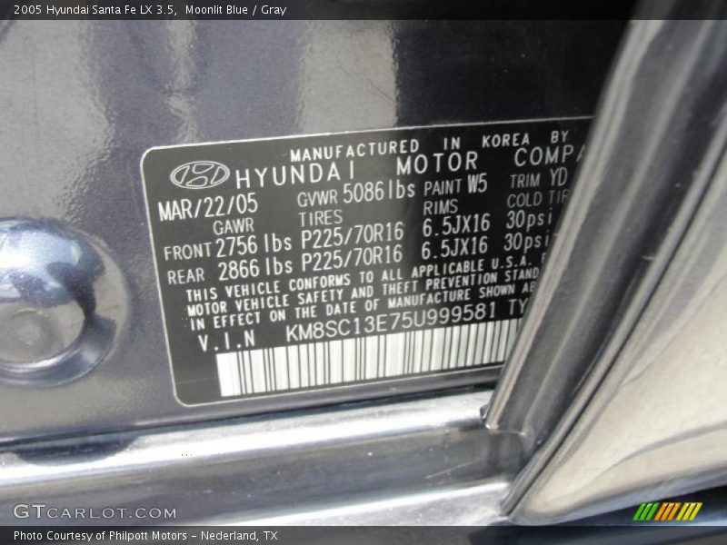 Moonlit Blue / Gray 2005 Hyundai Santa Fe LX 3.5