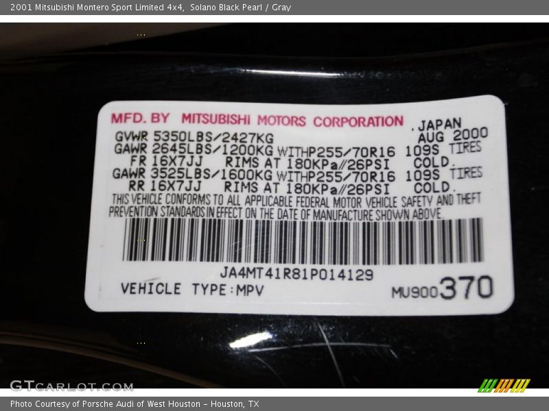 Solano Black Pearl / Gray 2001 Mitsubishi Montero Sport Limited 4x4