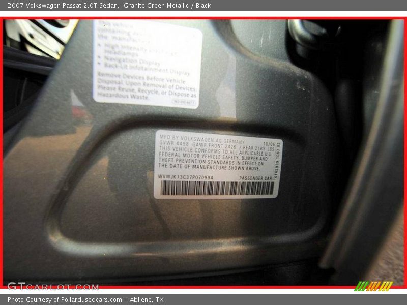 Granite Green Metallic / Black 2007 Volkswagen Passat 2.0T Sedan