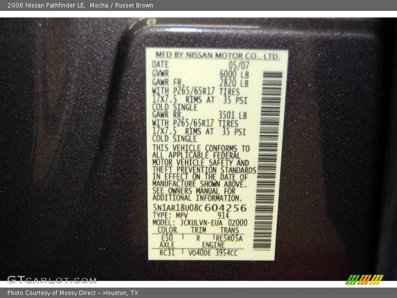 Mocha / Russet Brown 2008 Nissan Pathfinder LE