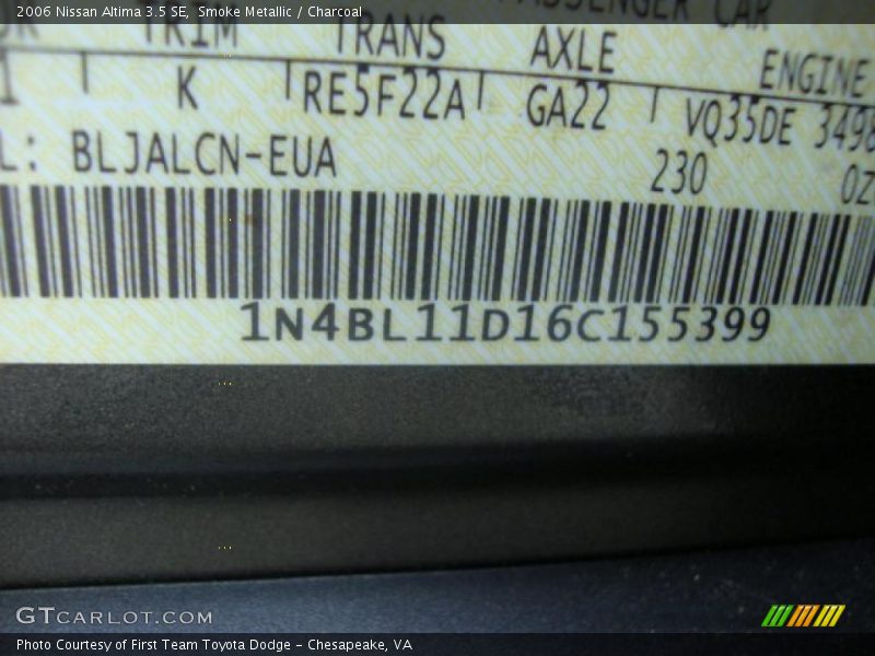 Smoke Metallic / Charcoal 2006 Nissan Altima 3.5 SE